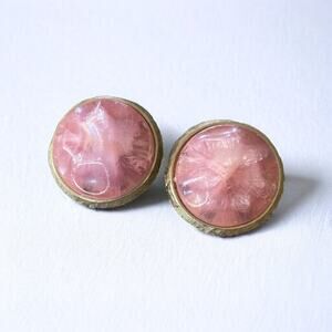 Vintage Coro 40s 50s Pink Large Round Earrings Faux Stone Gold Look Trim Clip On
